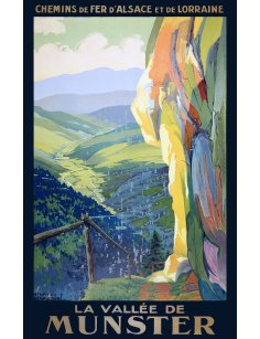 Affiche vintage Chemins de fer d’Alsace Vallée de Munster vue complète paysage et rochers colorés