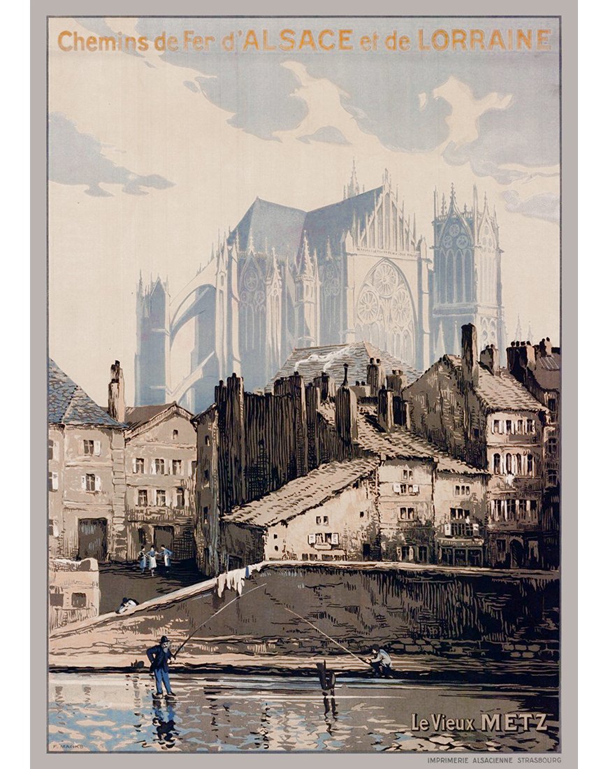 Affiche vintage Chemins de fer d’Alsace Le Vieux Metz, vue complète avec cathédrale